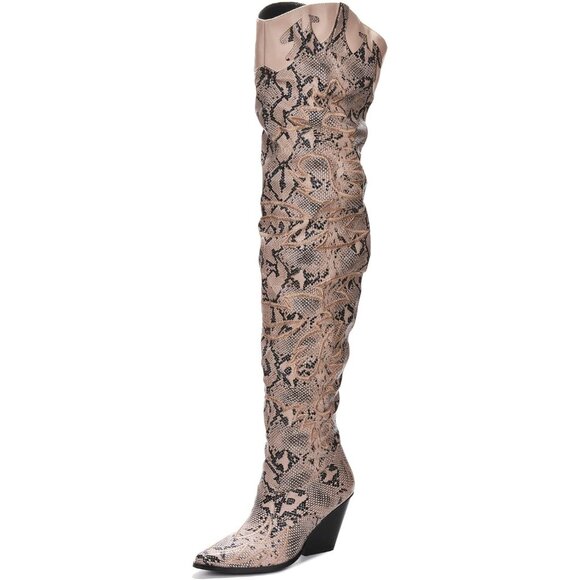 Women Snake Fabric Thigh High Over The Knee Pointed Toe Chunky Heel Fashion Boot - Picture 1 of 6